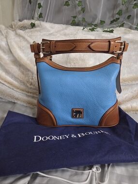 Dooney & Bourke Blue Pebbled Leather Saddle Shoulder Bag with Brown Trim